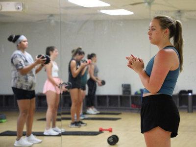 Students practicing yoga